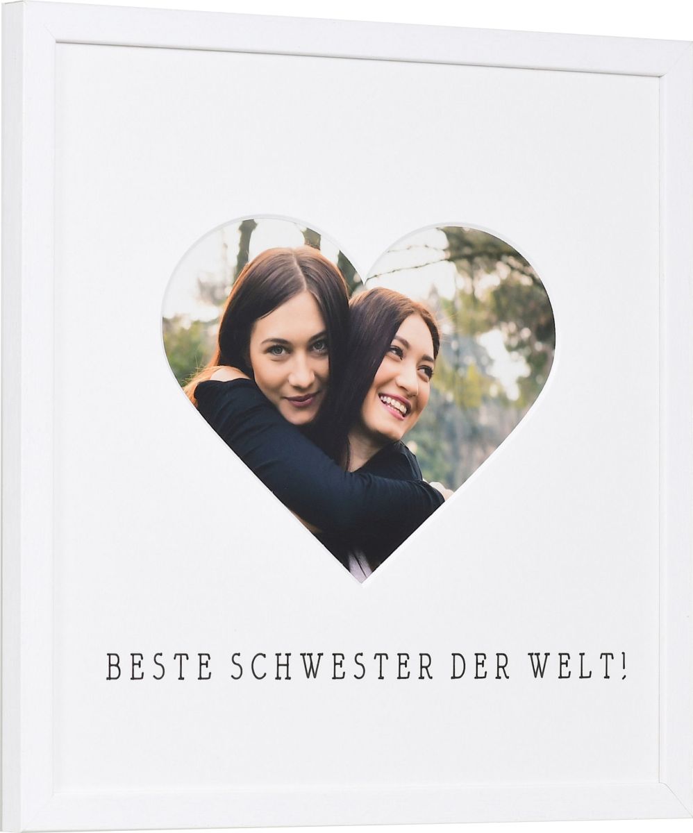 seitliche Ansicht eines Bilderrahmens mit Herzausschnitt für die beste Schwester der Welt in der Farbe Weiss